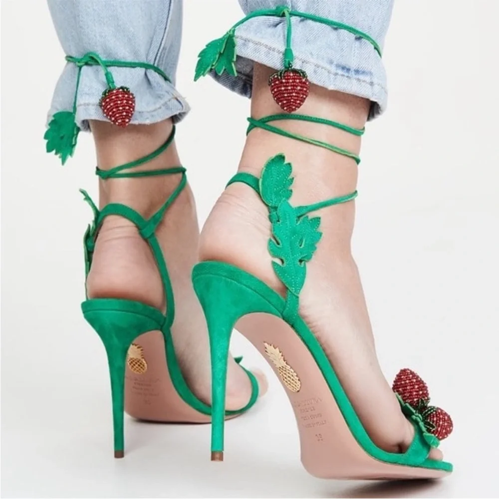 New Aquazzura Green Fragolina 105 Embellished Suede Sandals 37.5 $1,295
